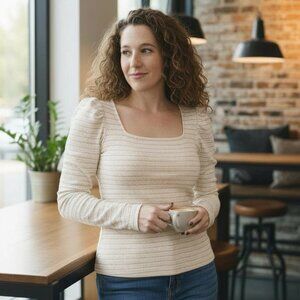 LOFT Petites Textured Knit Square Neck Top Neutral Long Sleeve LP